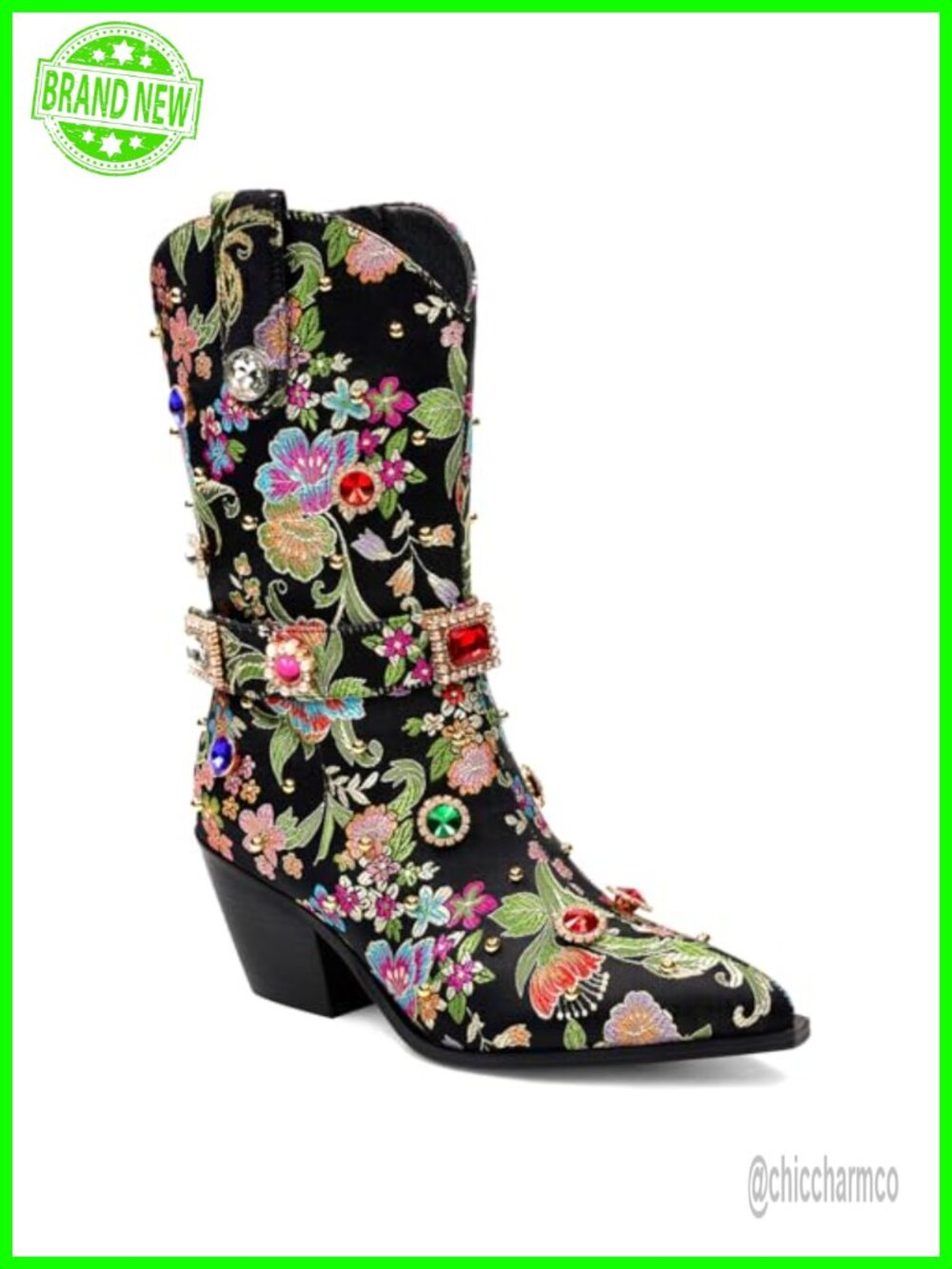 Rhinestone Cowboy Cowgirl Boots Diamond Western Floral Embroidery Mid Calf